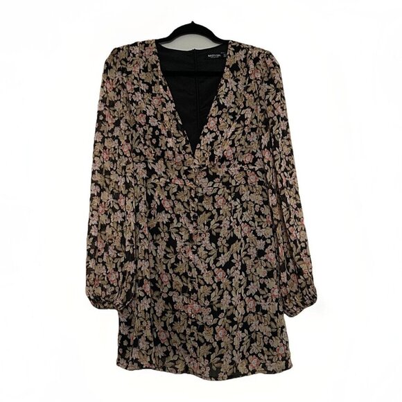 Nasty Gal Floral V Neck Mini Dress Plunge Fitted Long Sleeve Size 8 US Gold - Picture 6 of 13